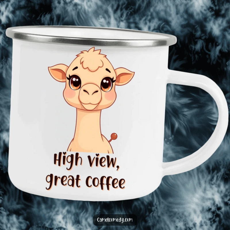 Funny Kawaii Camel Camping Mug with a cute camel stretching its long neck, ideal for outdoor use.