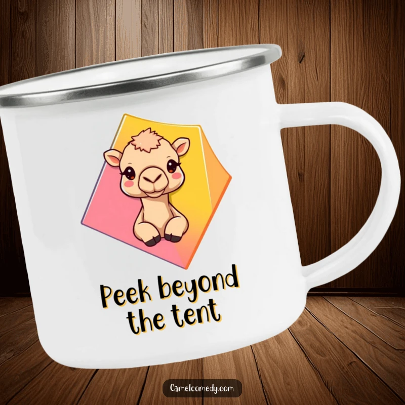 Funny camel peeking from behind a geometric shape, designed for a humorous camping mug.