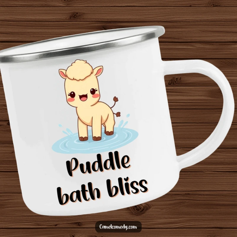 Funny Kawaii Camel Camping Mug with a cute camel splashing in water, ideal for outdoor use.