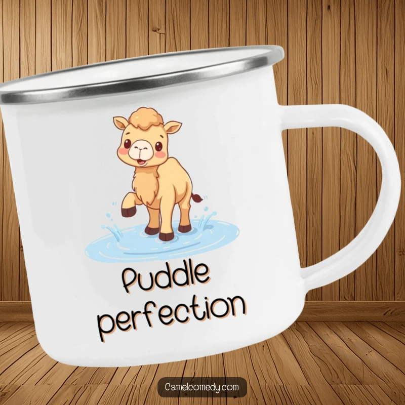 Funny camping mug featuring a happy camel splashing water with its feet in a puddle, perfect for outdoor enthusiasts.