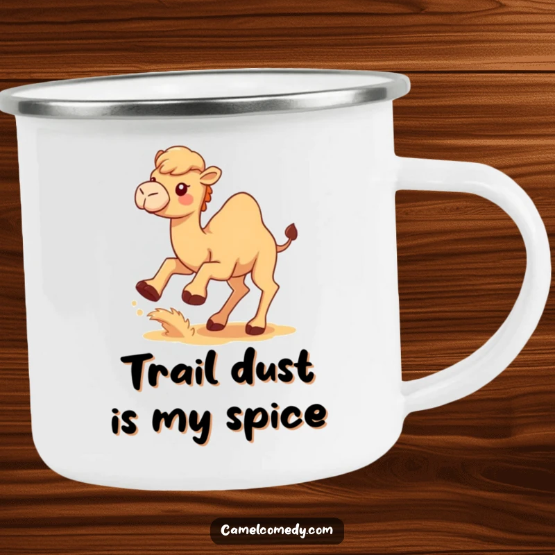 Funny Kawaii Camel Camping Mug with a cute camel kicking up sand, ideal for outdoor adventures.