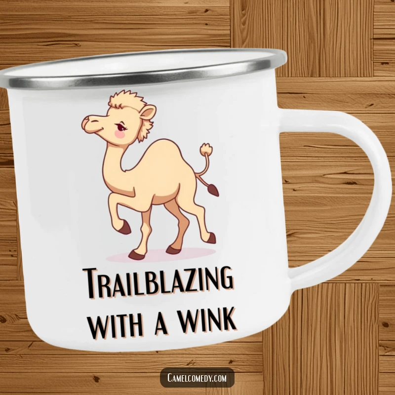 Funny camel camping mug showing a camel in motion with a playful wink, embodying outdoor fun and a cheeky spirit.