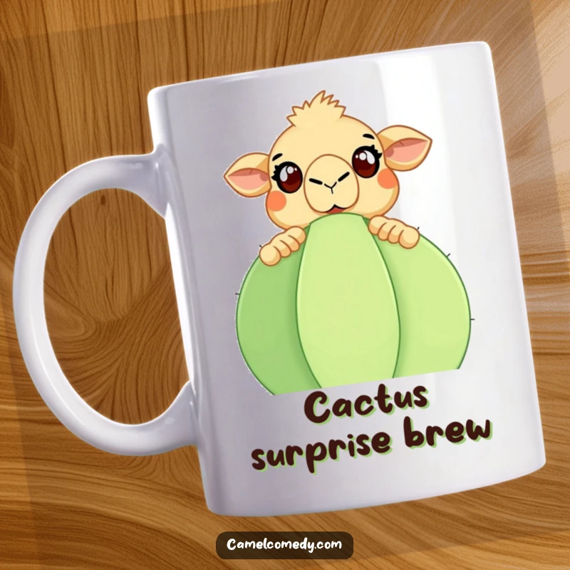 Funny Camel Mug: A surprised camel with wide eyes peeks over a large, prickly cactus. Ideal funny gift.