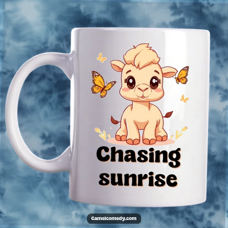 Funny mug showing a cute camel with wide, excited eyes joyfully chasing a colorful butterfly in a whimsical scene.