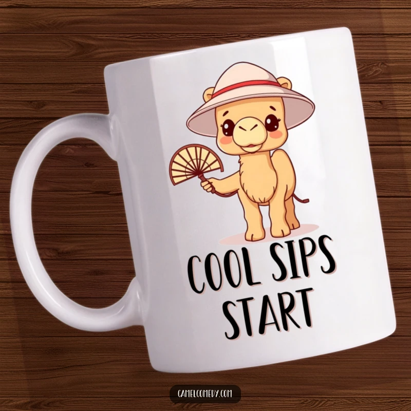 Funny kawaii camel wearing a bucket hat and holding a fan, looking warm, perfect for a humorous mug.