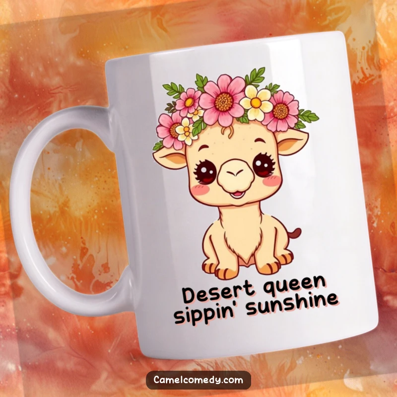Funny kawaii camel wearing a desert flower crown, beaming with royal joy on a ceramic mug, perfect gift.