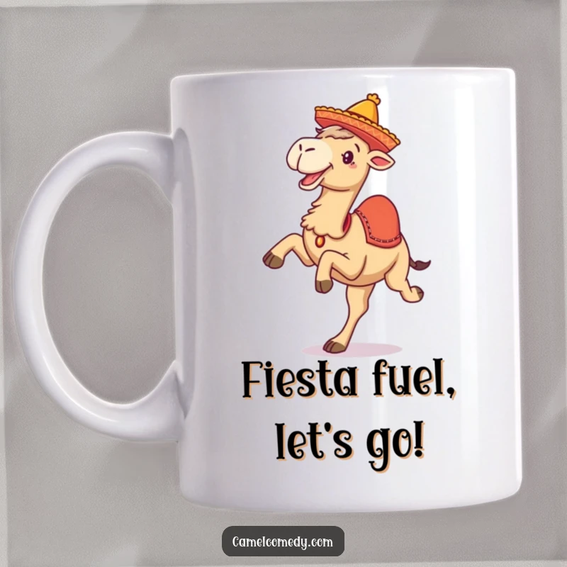 Funny mug featuring a camel with legs kicked up wearing a tiny sombrero, celebrating joyfully with a festive attitude.