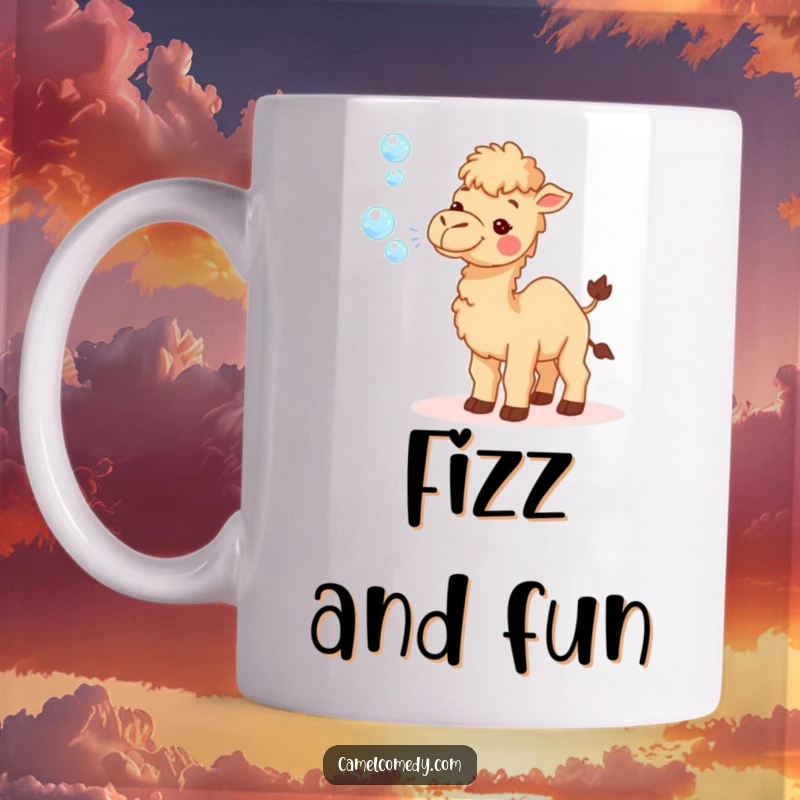 Funny mug featuring a tiny camel happily blowing a stream of sparkly, iridescent bubbles, a whimsical and cheerful design.