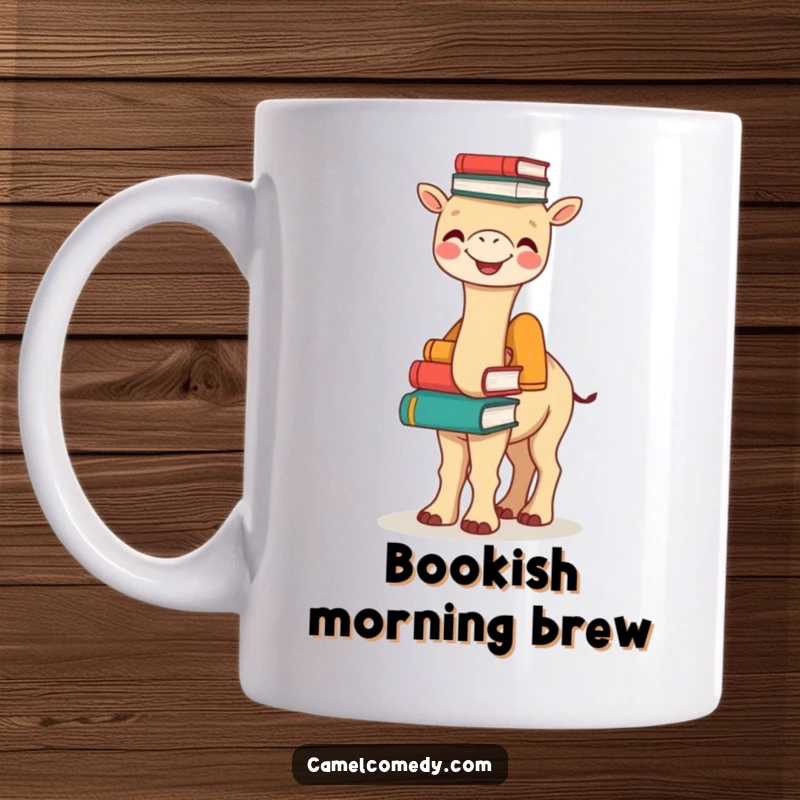 Funny Bookish Camel Mug: a joyful camel balances a tall stack of books precariously on its hump, looking happy and studious.