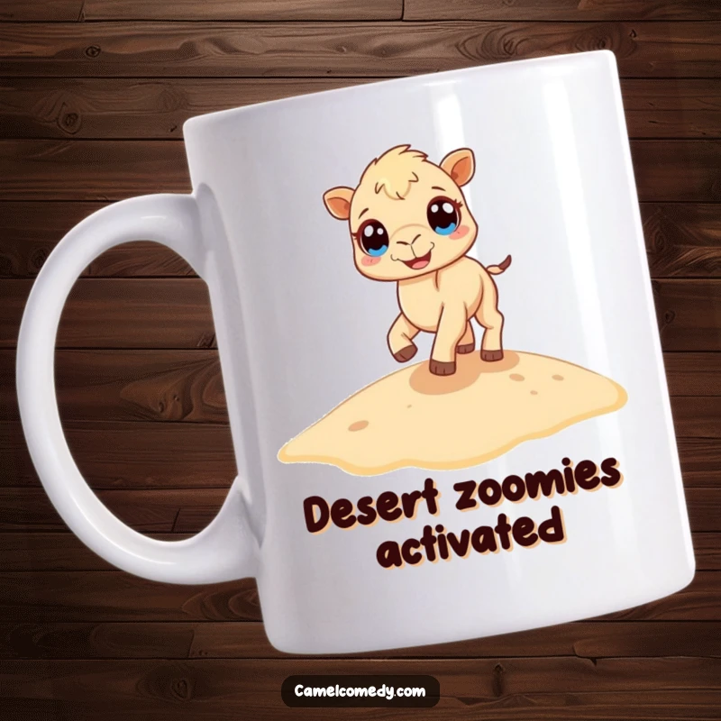 Funny camel mug showing a tiny camel with big eyes bouncing gleefully on a sandy dune, spreading pure joy and laughter.