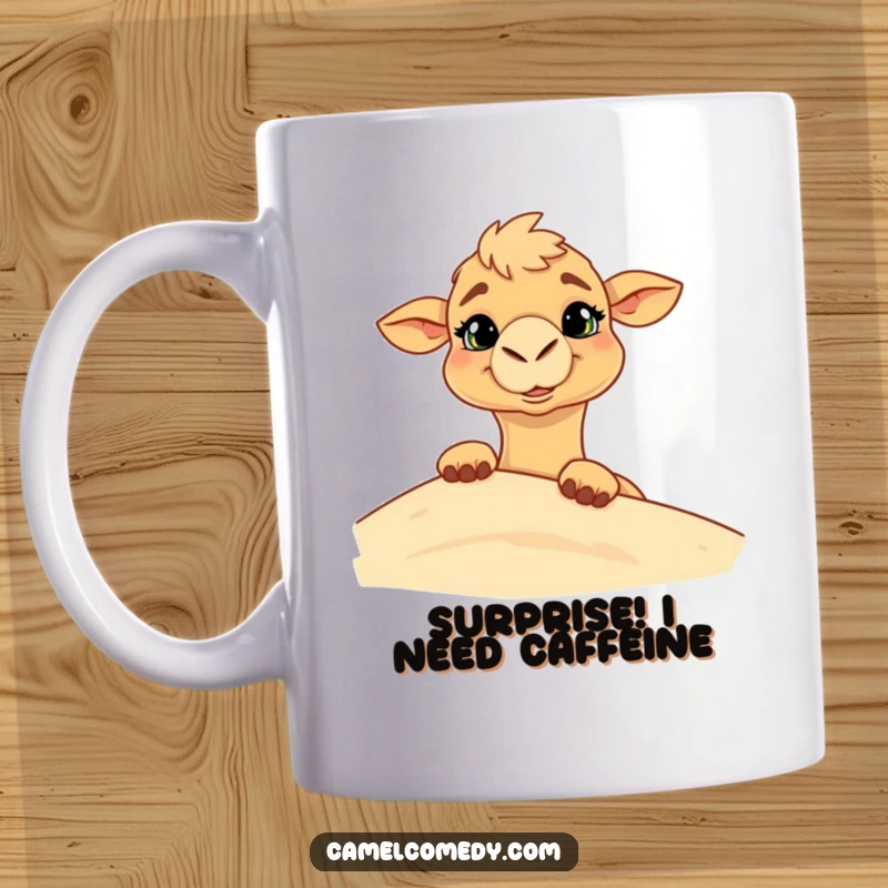 Funny mug depicting a camel playfully peeking from behind a sand dune with a wide, goofy grin on its face.