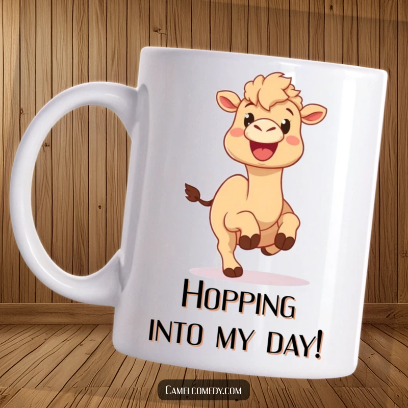 Funny camel mug with a huge, happy expression performing a silly hop, radiating pure, uncontainable joyful energy.