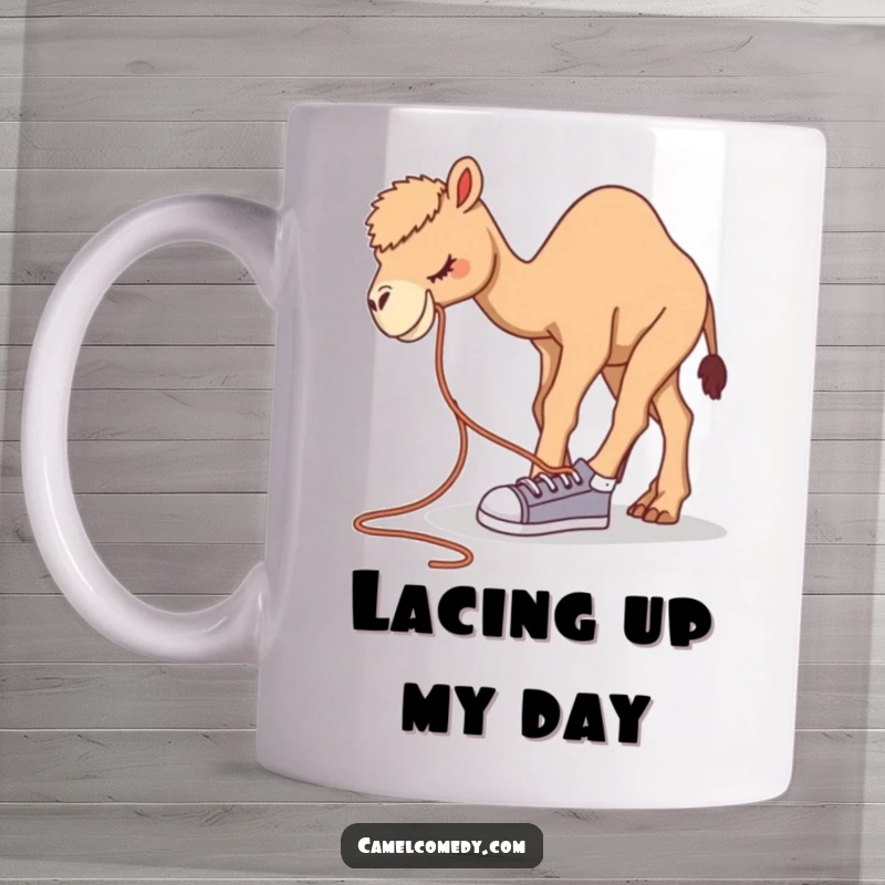 Funny camel mug depicting a camel bending over awkwardly to tie a comically large, oversized shoelace on its foot.