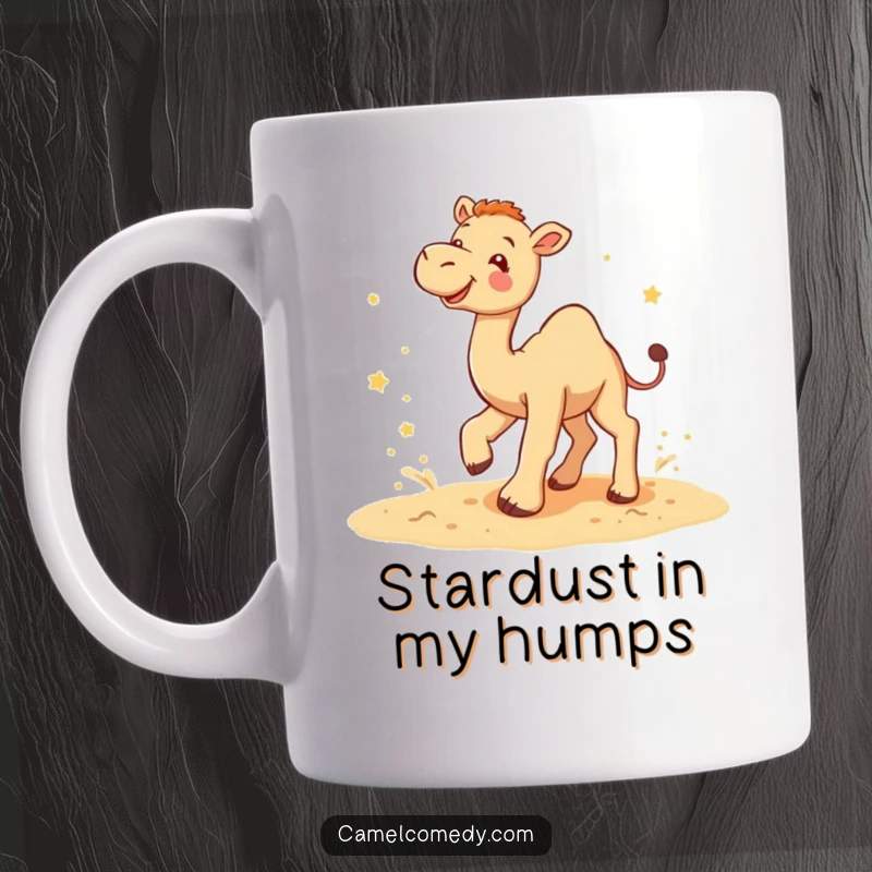 Funny camel star kicker mug showing a playful camel gleefully kicking up sand with tiny stars scattered around it.