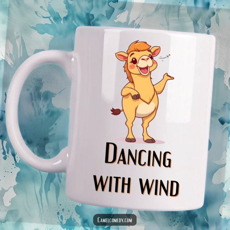 Funny camel character energetically dancing with desert wind blowing, on a fun mug, a hilarious gift for any occasion.
