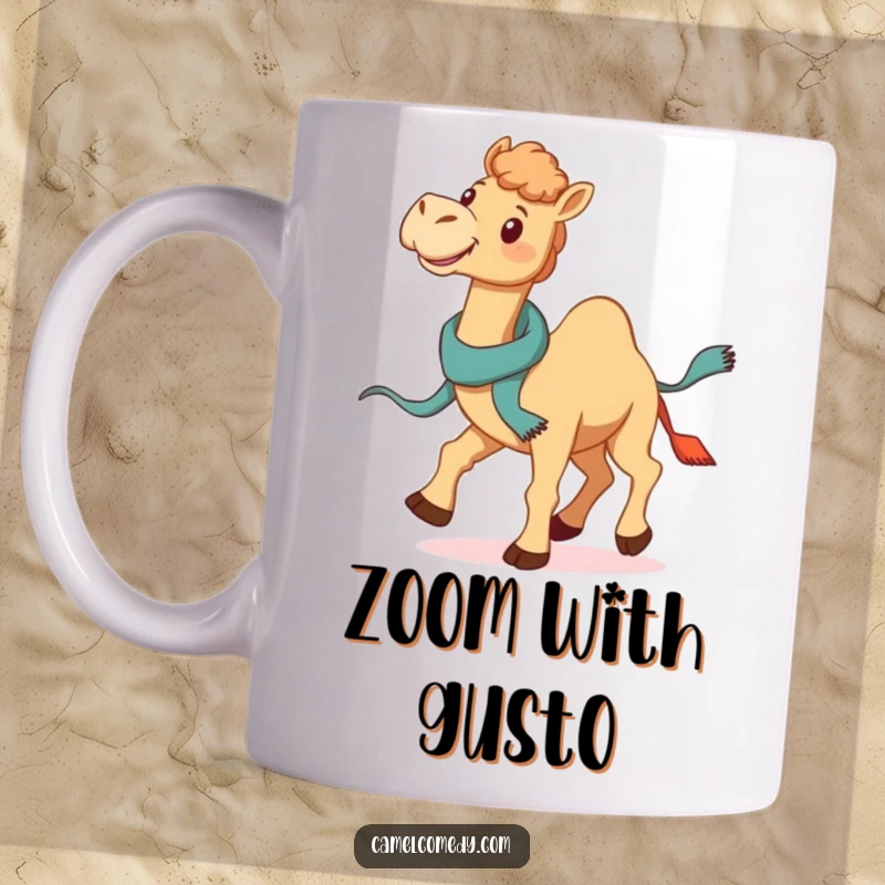 Funny Galloping Camel Mug: a smiling camel races across the landscape with a jaunty scarf trailing, embodying funny freedom and joy.