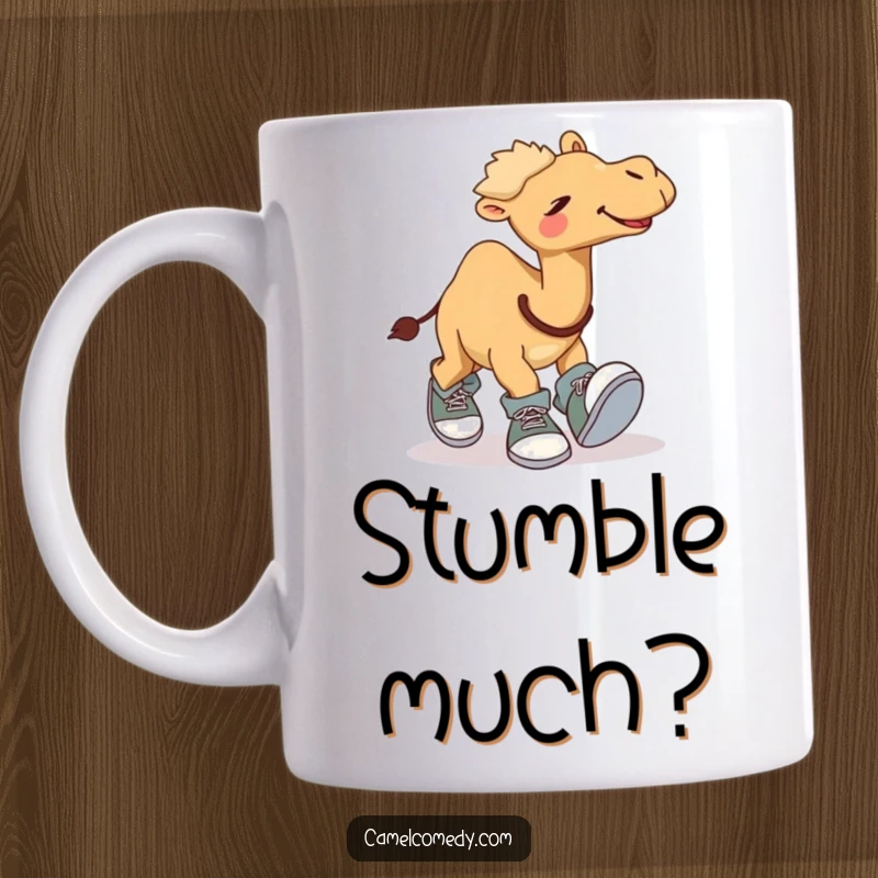Funny mug featuring a giggling camel comically tripping over its own ridiculously oversized shoes, a hilarious and relatable design.