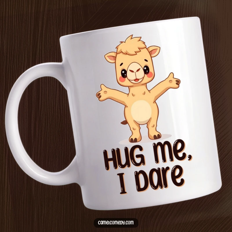 Funny Camel Mug featuring a camel with arms outstretched in a welcoming gesture, ready for a hug, conveying warmth.
