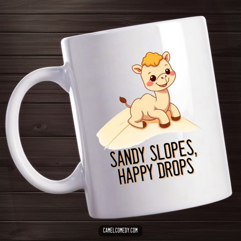 Funny kawaii camel joyfully sliding down a sandy dune with a wide, happy grin, perfect for a desert adventure mug.