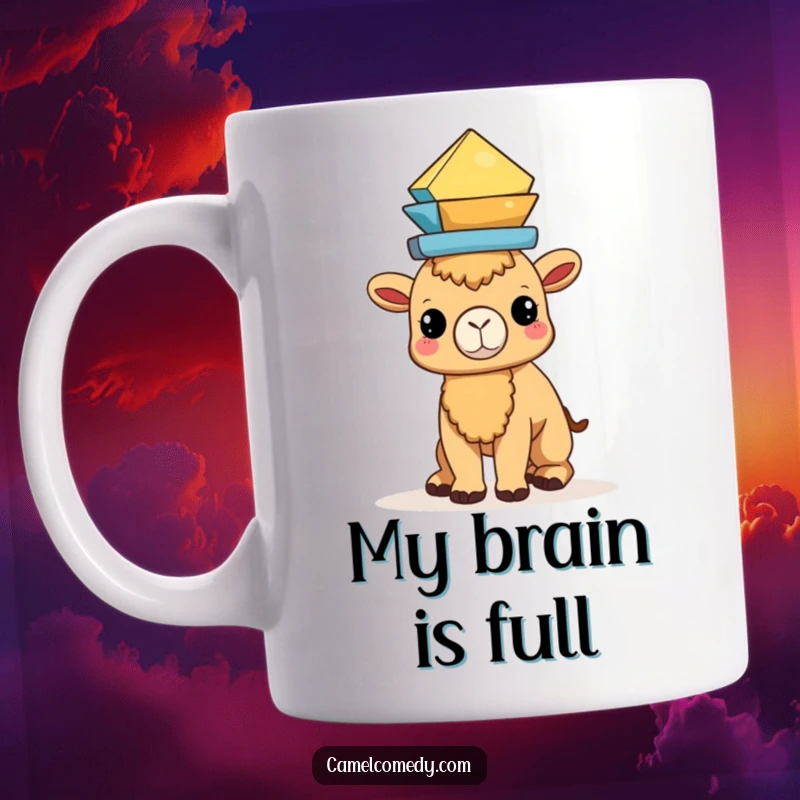 Funny Kawaii Camel Mug featuring a cute camel perfectly balancing a stack of colorful geometric shapes on its head.