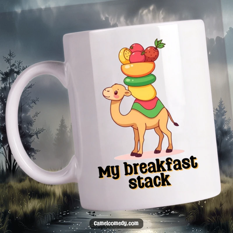 Funny Kawaii Camel Mug showing a cute camel precariously balancing a stack of colorful desert fruits, humorous and charming.