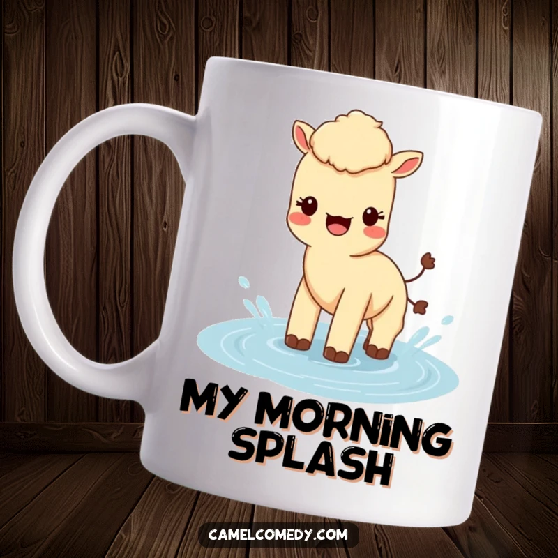 Funny Kawaii Camel Mug showing a cute camel joyfully splashing in a small water puddle, humorous and playful.