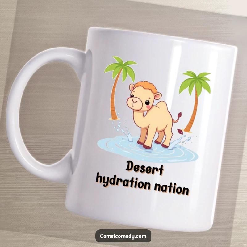 Funny Kawaii camel mug with a playful expression, splashing water joyfully from a tiny oasis in the desert.