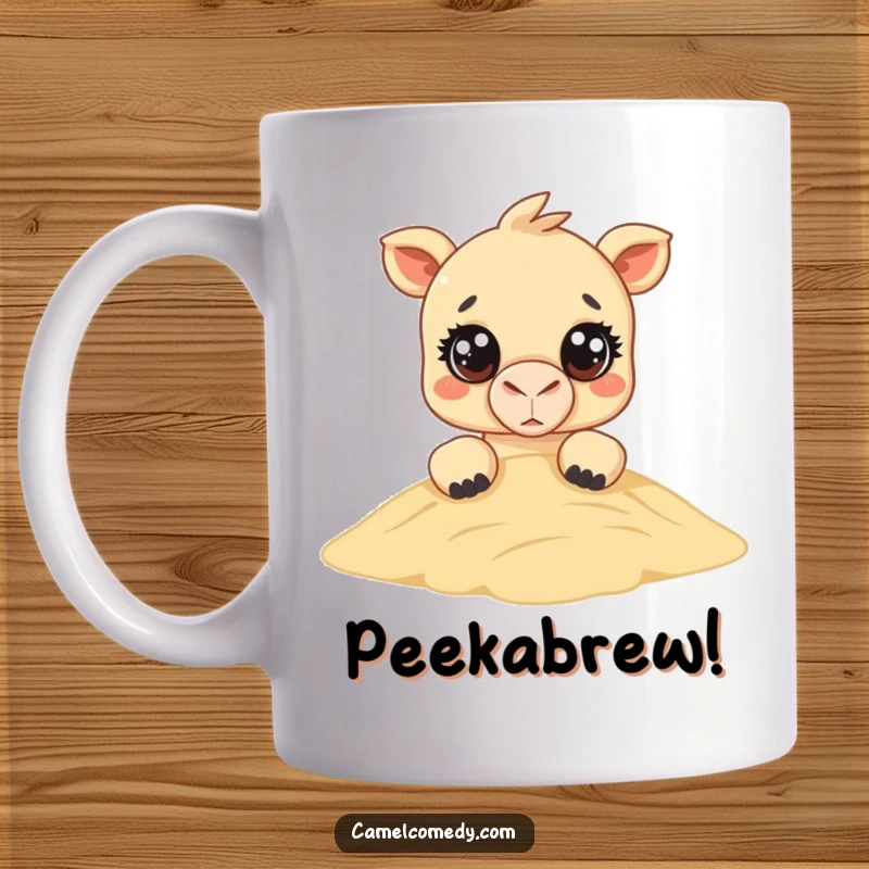 Funny Kawaii Camel Mug: an adorable camel with huge eyes peeks curiously over a sand dune, offering a funny and heartwarming surprise.