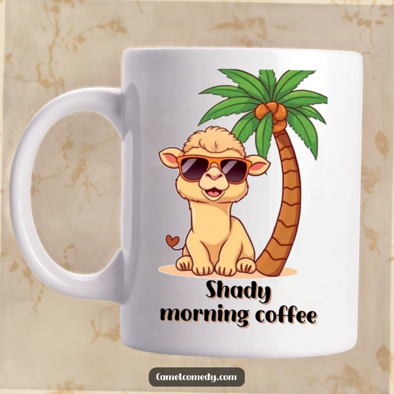 Funny kawaii camel wearing sunglasses, playfully peeking from behind a vibrant palm tree on a mug.