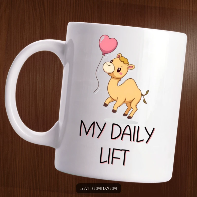 Funny mug featuring a happy camel with a colorful balloon tied to its tail, gently floating upwards with a playful expression.