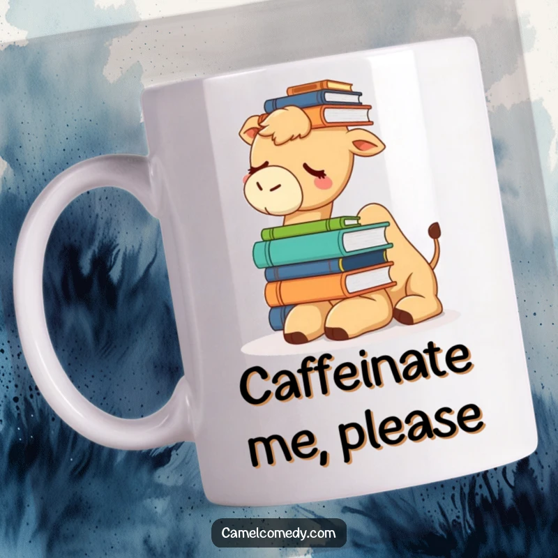 Funny mug showing a very sleepy camel struggling to balance a tall stack of books on its head, looking exhausted.
