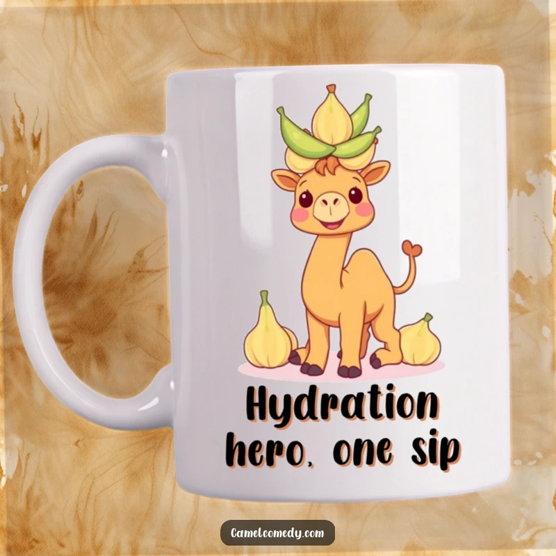 Funny camel mug with a wide smile balancing a precarious tower of water gourds, conveying desert survival humor.