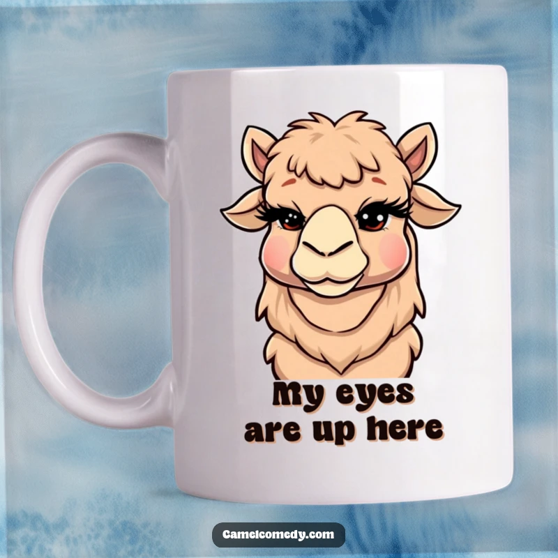 Funny Camel Mug featuring a cartoon camel with exaggerated lashes winking mischievously, perfect for a playful and humorous start.