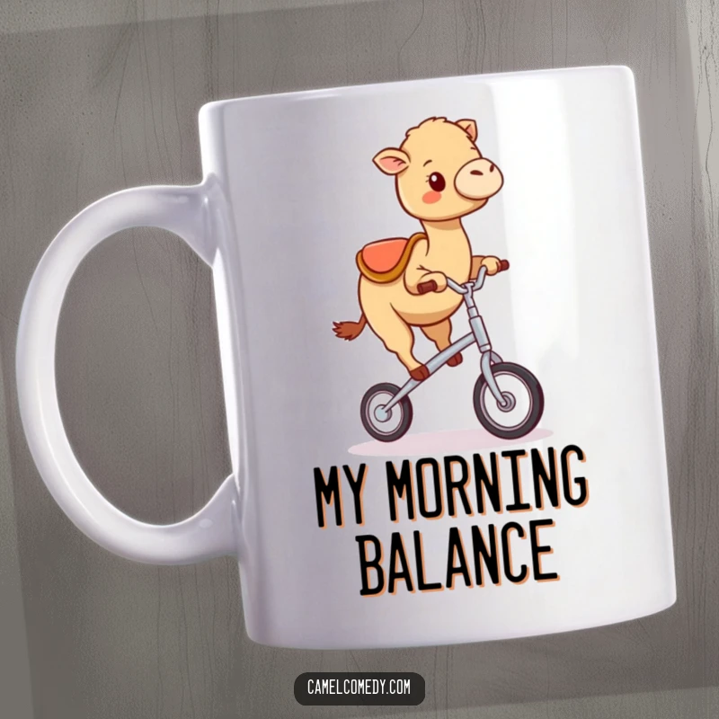 Funny kawaii camel precariously balancing on a tiny unicycle, wobbling happily, perfect for a humorous mug design.