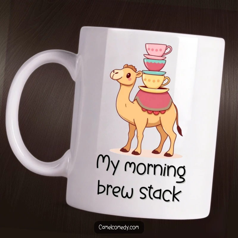 Funny mug featuring a kawaii camel humorously balancing colorful teacups on its hump, a whimsical and charming design.