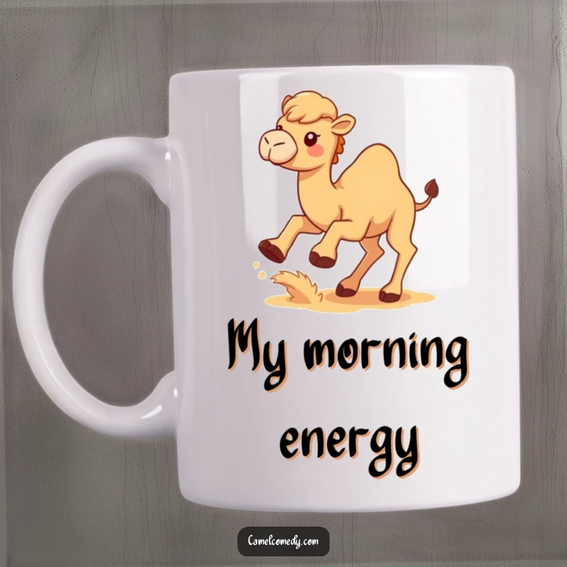 Funny Kawaii Camel Mug showing a cute camel playfully kicking up sand with its hind legs, humorous desert fun.