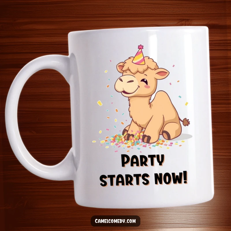 Funny camel mug, giggling uncontrollably while spilling a large pile of colorful confetti, wearing a small party hat.