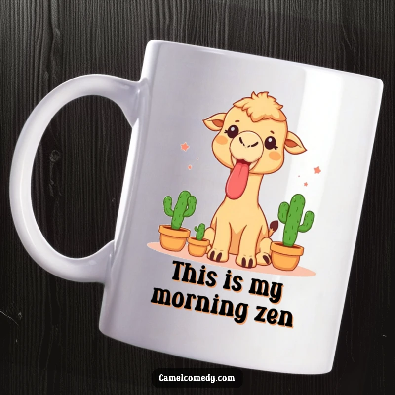 Funny mug featuring a camel sticking its tongue out while impressively juggling three small, prickly cacti with a mischievous expression.