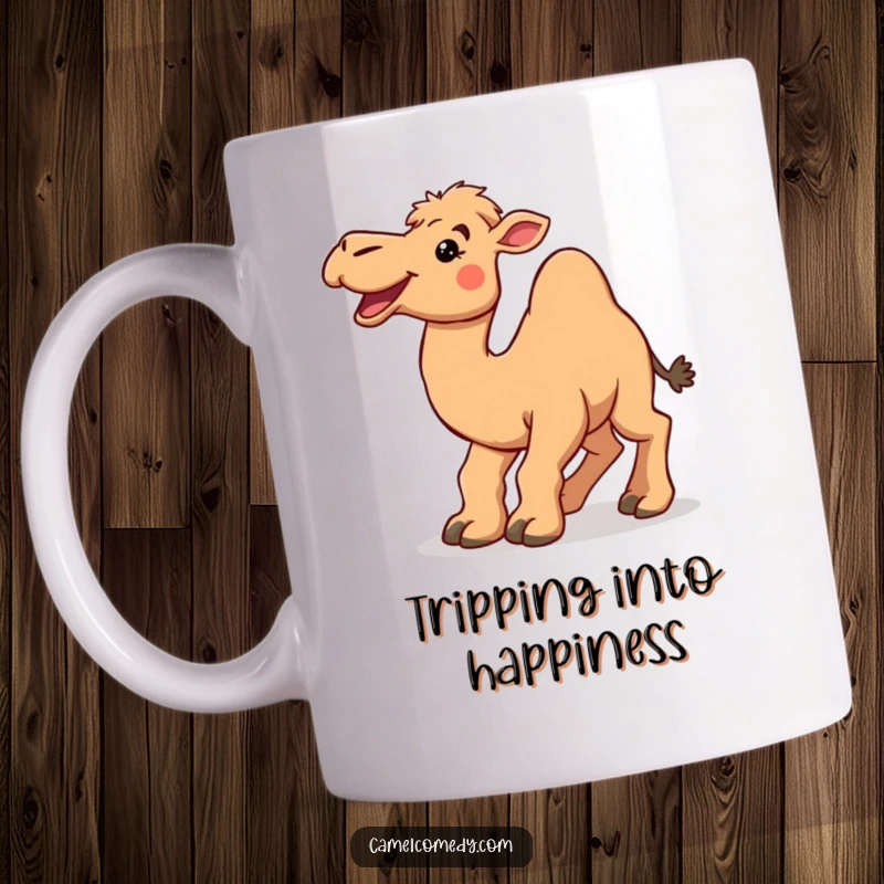 Funny, delighted camel with a huge smile tripping over its own large feet on a humorous coffee mug.
