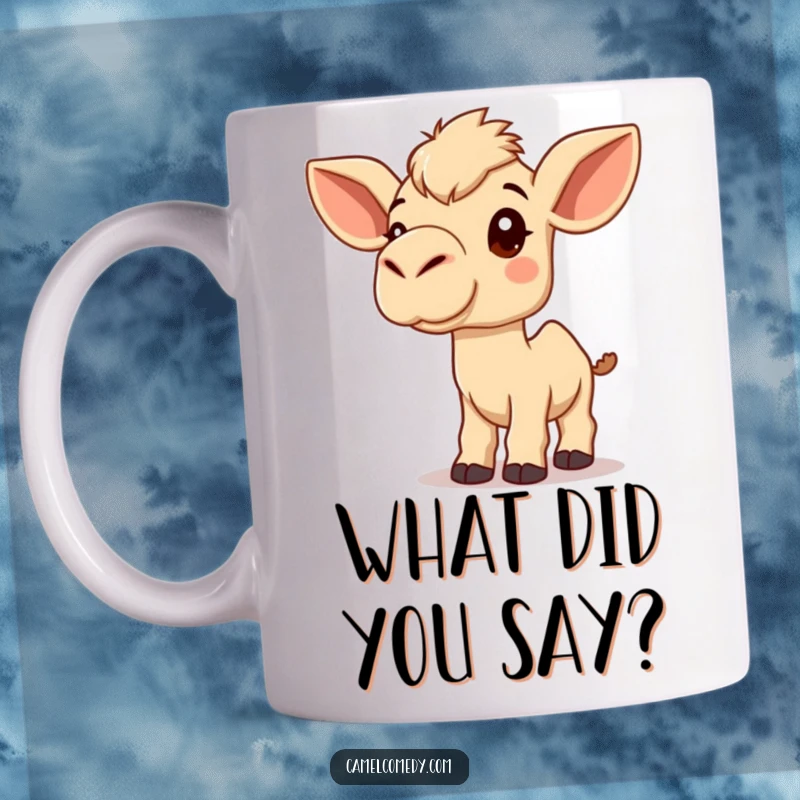 Funny Kawaii Camel Mug showing a cute camel tilting its head, listening inquisitively with large ears, humorous and attentive.