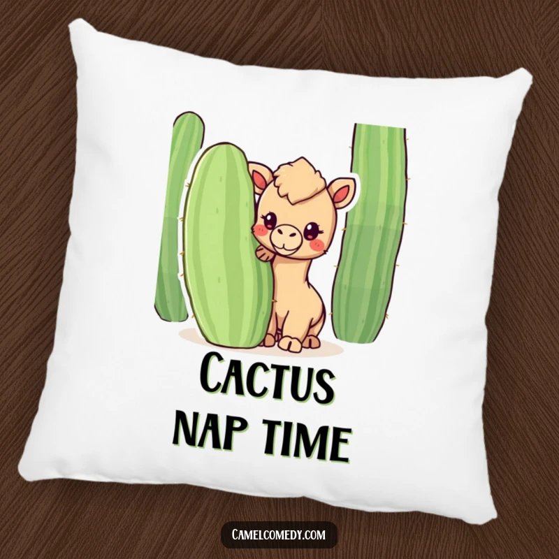 Funny pillow featuring a kawaii camel peeking from behind a cactus, offering humorous comfort and desert-themed cuteness.