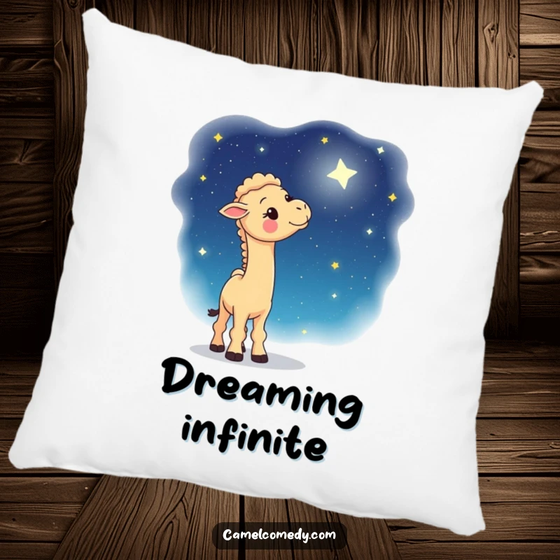 Funny pillow with a whimsical camel gazing up at a beautiful starry night sky, a soft and inspiring decorative accent.