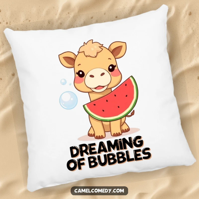 Funny camel blowing a huge watermelon bubble, featured on a soft, plush pillow, a humorous and cozy decorative gift.