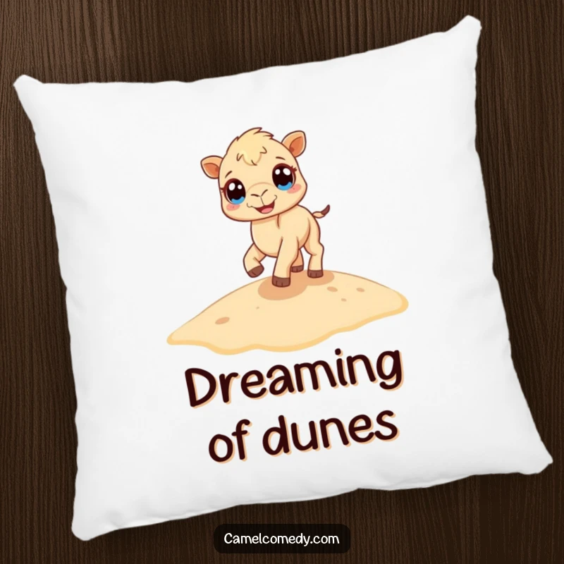Funny camel pillow with a tiny, animated camel joyfully bouncing across a sand dune, offering soft comfort and amusement.