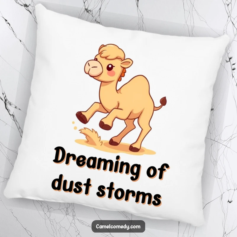 Funny Kawaii Camel Pillow with a cute camel kicking up sand, a humorous and comfortable decorative item.