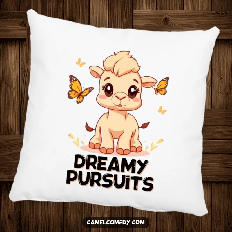 Funny pillow featuring a cute camel with wide eyes chasing a butterfly, offering humorous comfort and whimsical charm.