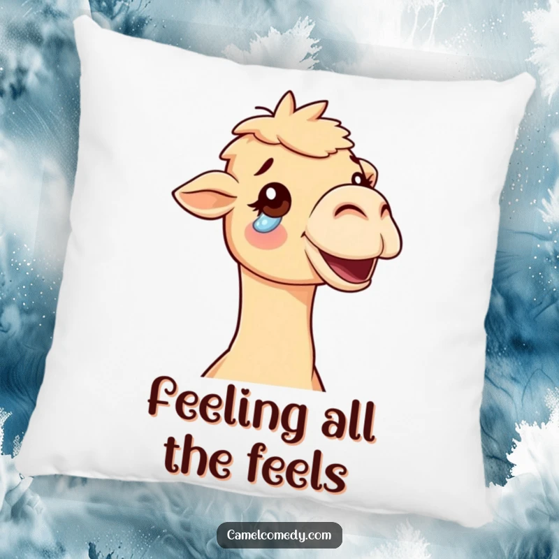Funny delighted camel with a tear of pure joy rolling down its cheek, soft, cozy, and humorous accent pillow.