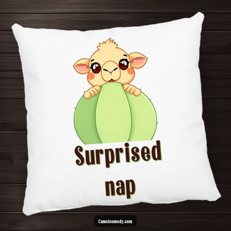 Funny Camel Pillow: A plush pillow with a surprised camel peeking over a large cactus. Perfect funny gift.