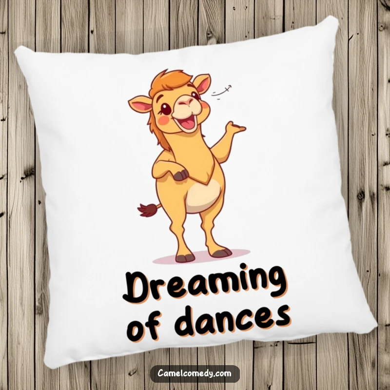 Funny camel doing a silly dance with desert wind, on a soft, comfortable pillow, a humorous decorative gift.
