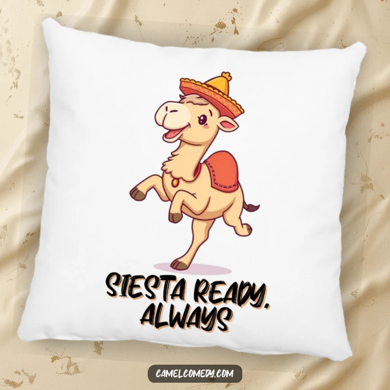 Funny pillow featuring a camel with legs enthusiastically kicked up and a miniature sombrero, adding a playful touch to any couch.
